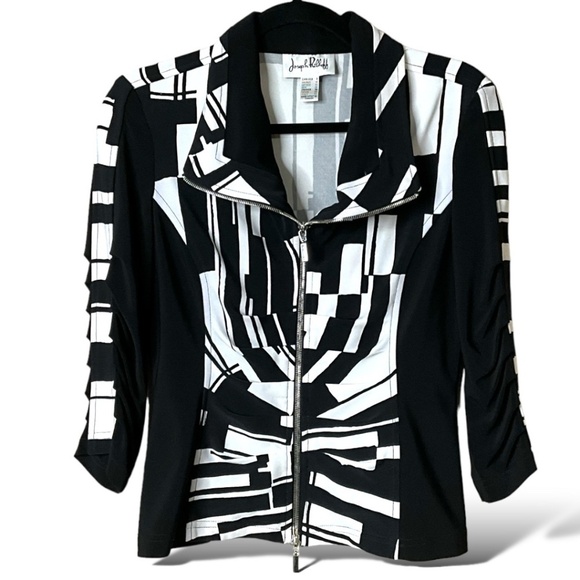 JOSEPH RIBKOFF Stretch Jersey Knit Long Sleeve Blazer Rusched Sleeves Zip Close - Picture 3 of 8